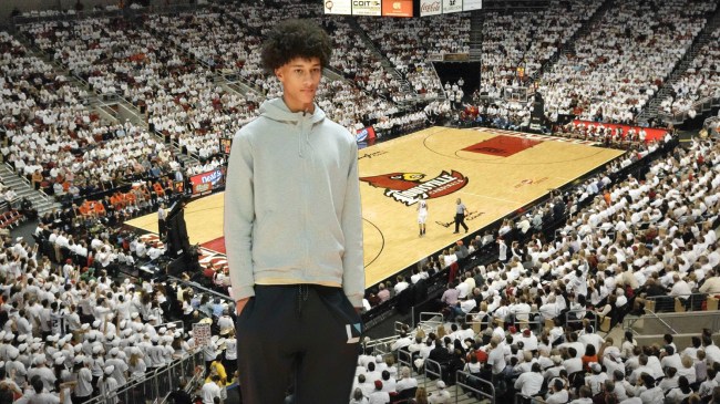 Nate Ament pictured over a background of Louisville's basketball arena.