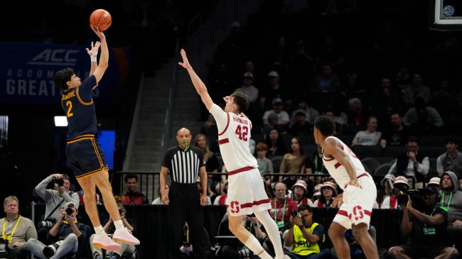 Cal basketball player Andrej Stojakovic shoots vs. Stanford.