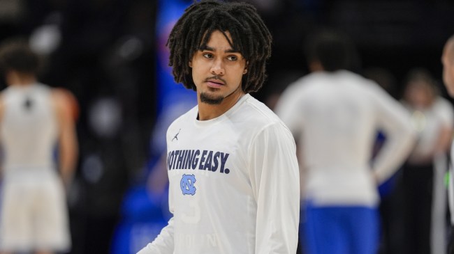 North Carolina basketball guard Elliot Cadeau on the floor before a game.