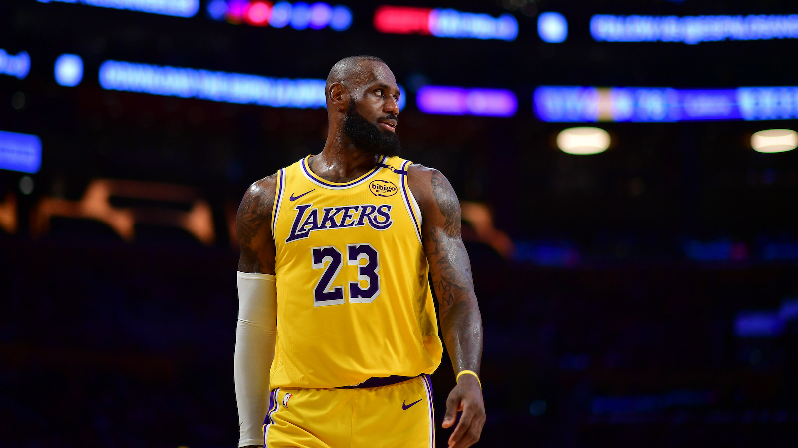 Mar 6, 2025; Los Angeles, California, USA; Los Angeles Lakers forward LeBron James (23) against the New York Knicks during the second half at Crypto.com Arena. Mandatory Credit: Gary A. Vasquez-Imagn Images