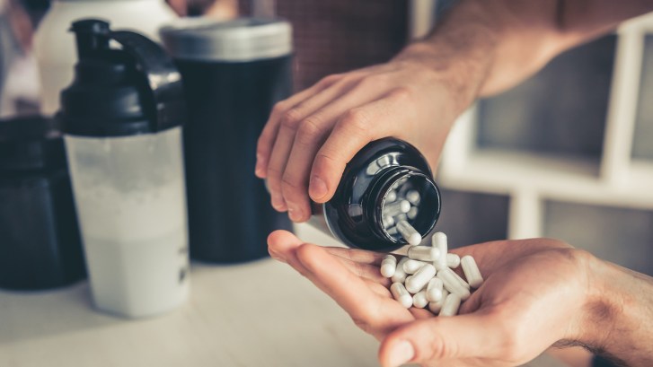 Protein shake and supplement pills