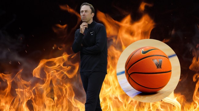 Richard Pitino pictured beside a basketball with a Villanova logo.