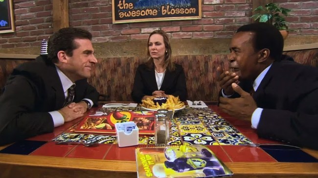Michael Scott and Jan holding business meeting at Chili's on The Office