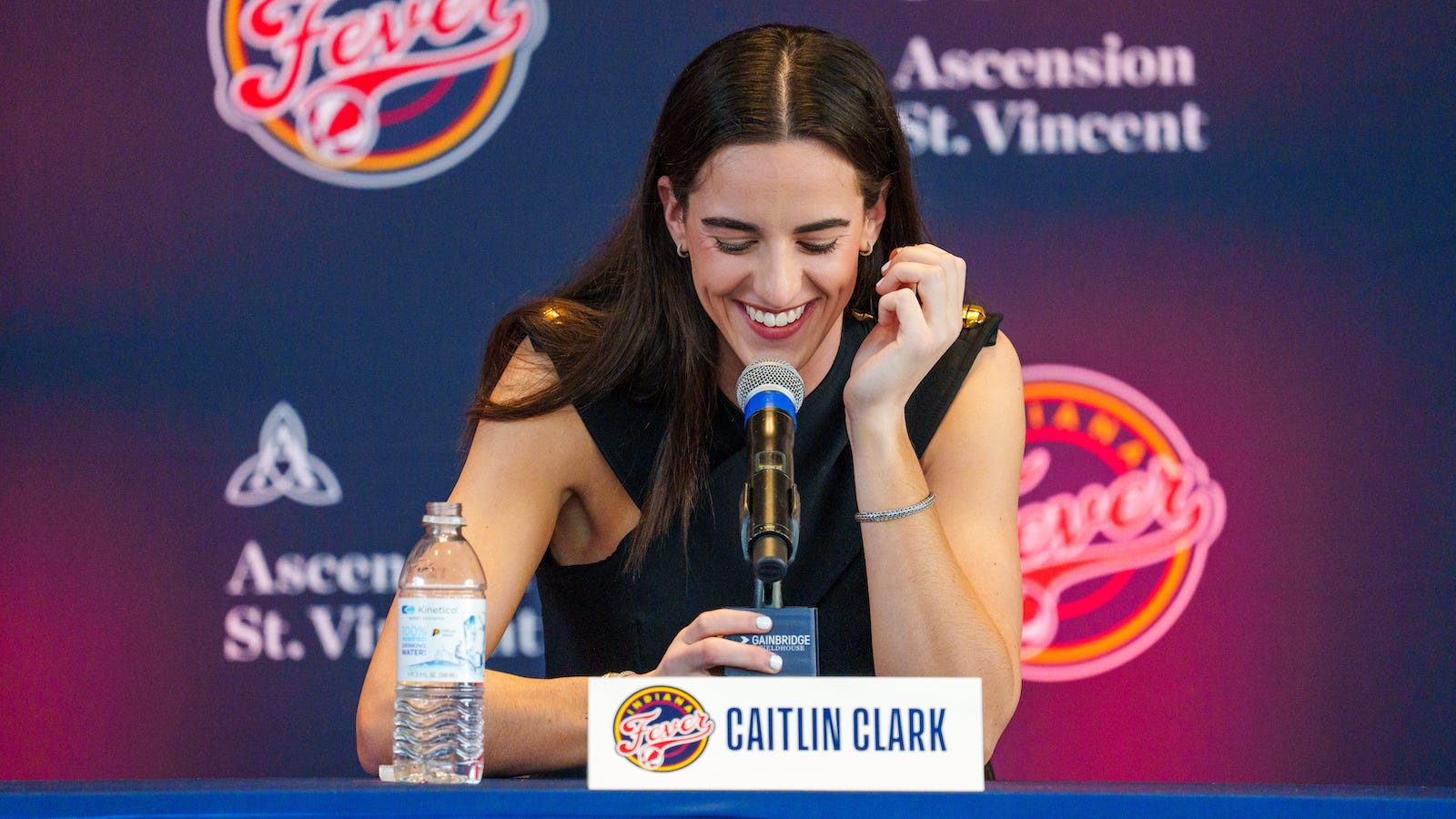 Indiana Fever's Caitlin Clark, former Iowa Hawkeye standout and the no. 1 pick in the 2024 WNBA draft, speaks Wednesday, April 17, 2024, during an introductory press conference inside the entry pavilion at Gainbridge Fieldhouse.