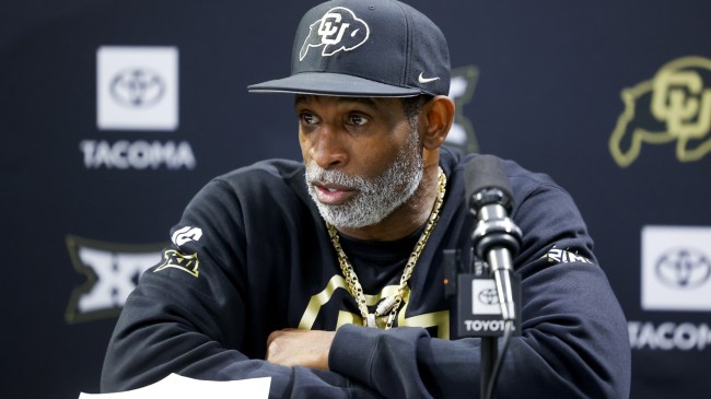 Deion Sanders speaks to the media at Colorado's pro day event.