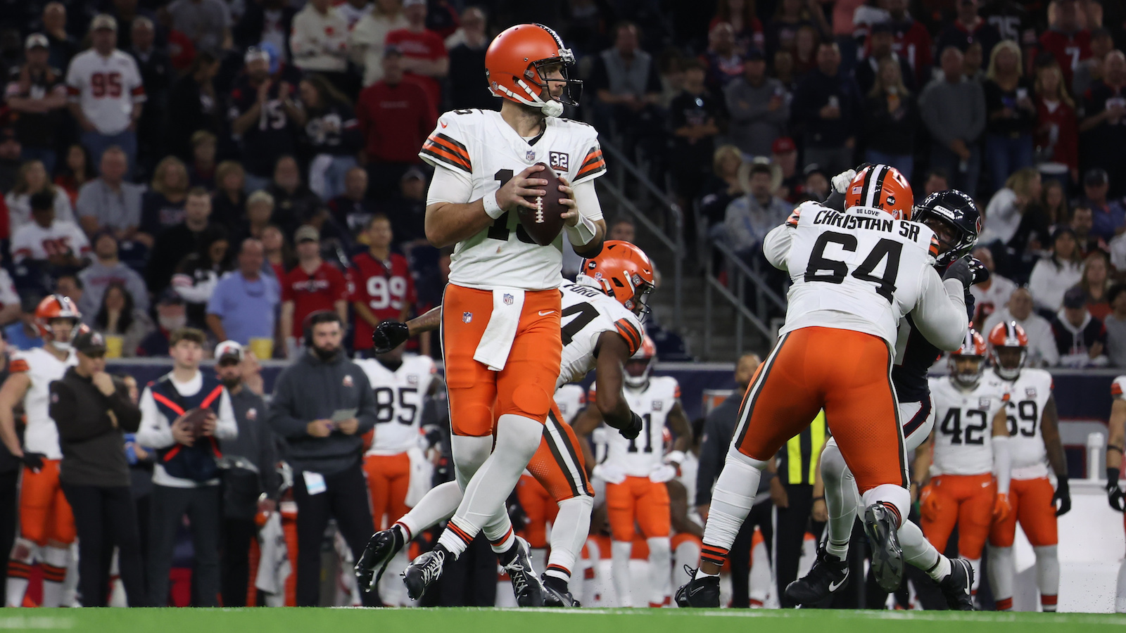 Jan 13, 2024; Houston, Texas, USA;Cleveland Browns quarterback Joe Flacco (15) against the Houston Texans in a 2024 AFC wild card game at NRG Stadium. Mandatory Credit: Thomas Shea-USA TODAY Sports