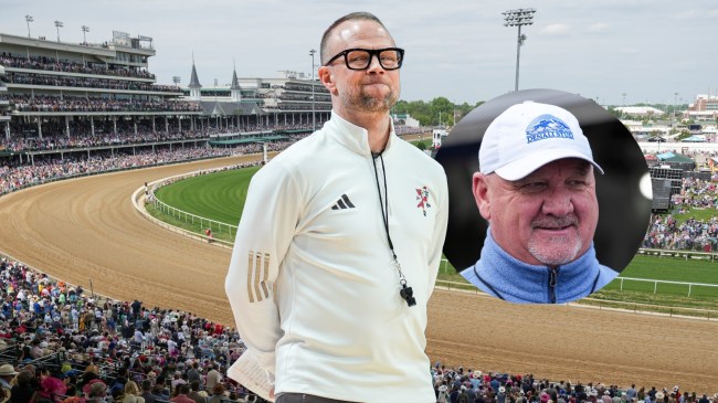 Pat Kelsey pictured beside Kenny McPeek over a background of Churchill Downs.