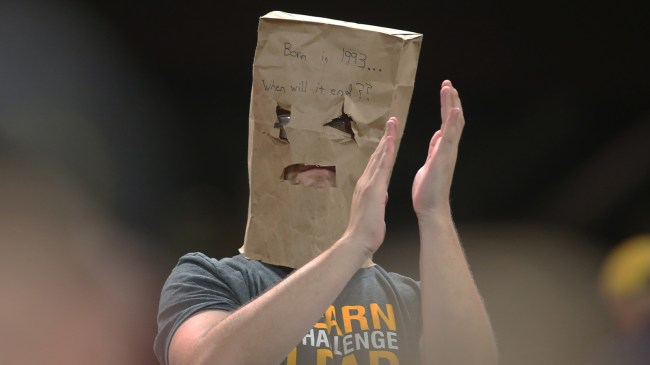 Pittsburgh Pirates fan with paper bag on head