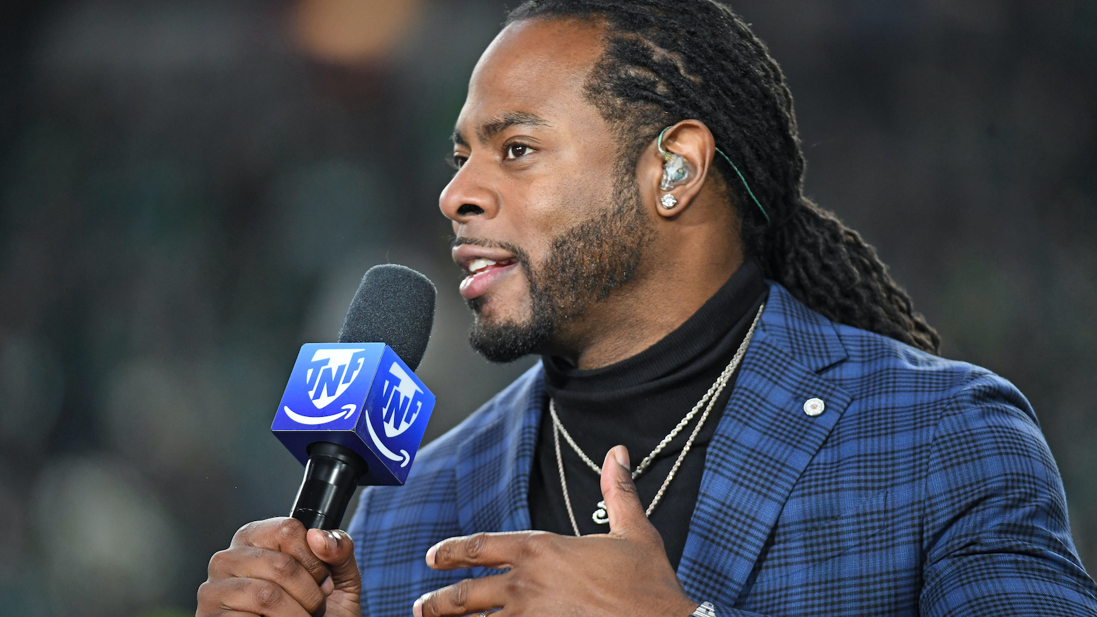 Nov 14, 2024; Philadelphia, Pennsylvania, USA; Thursday Night Football announce Richard Sherman during pregame show between Philadelphia Eagles and Washington Commanders at Lincoln Financial Field. Mandatory Credit: Eric Hartline-Imagn Images