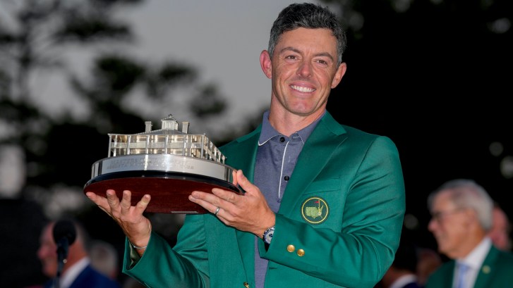 Apr 13, 2025; Augusta, Georgia, USA; Rory McIlroy holds the Masters championship trophy during the final round of the Masters Tournament at Augusta National Golf Club. Mandatory Credit: Kyle Terada-Imagn Images