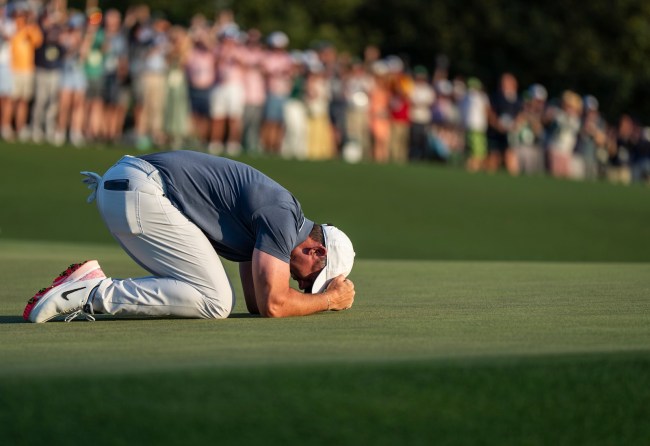 Rory McIlroy reacts after winning The Masters