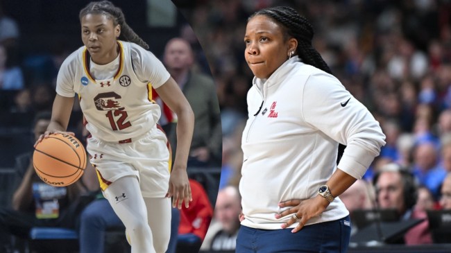 Ole Miss women's basketball coach Yolett McPhee-McCuin beside South Carolina guard Milaysia Fulwiley.