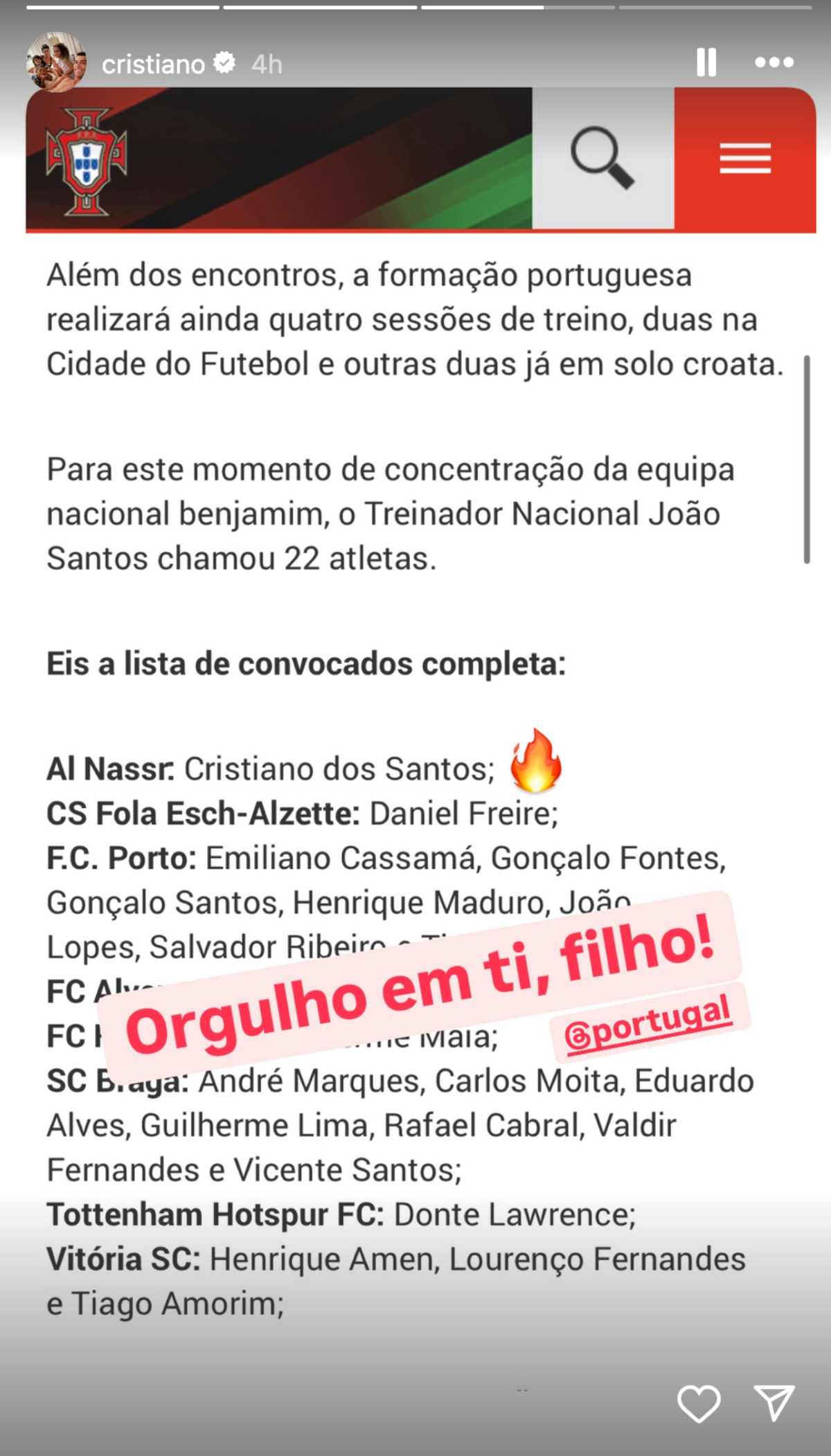 Cristiano Ronaldo congratulates his son Cristiano Ronaldo Jr. on making the youth national team