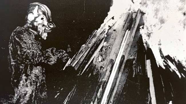 An old image of a bison mascot at Indiana University.