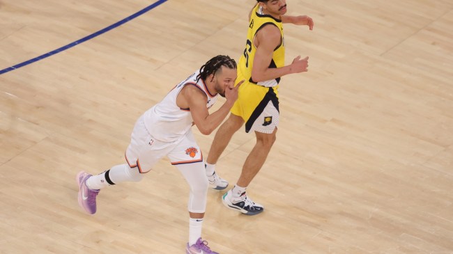Jalen Brunson on the floor during an NBA Playoff game between the Knicks and Pacers.