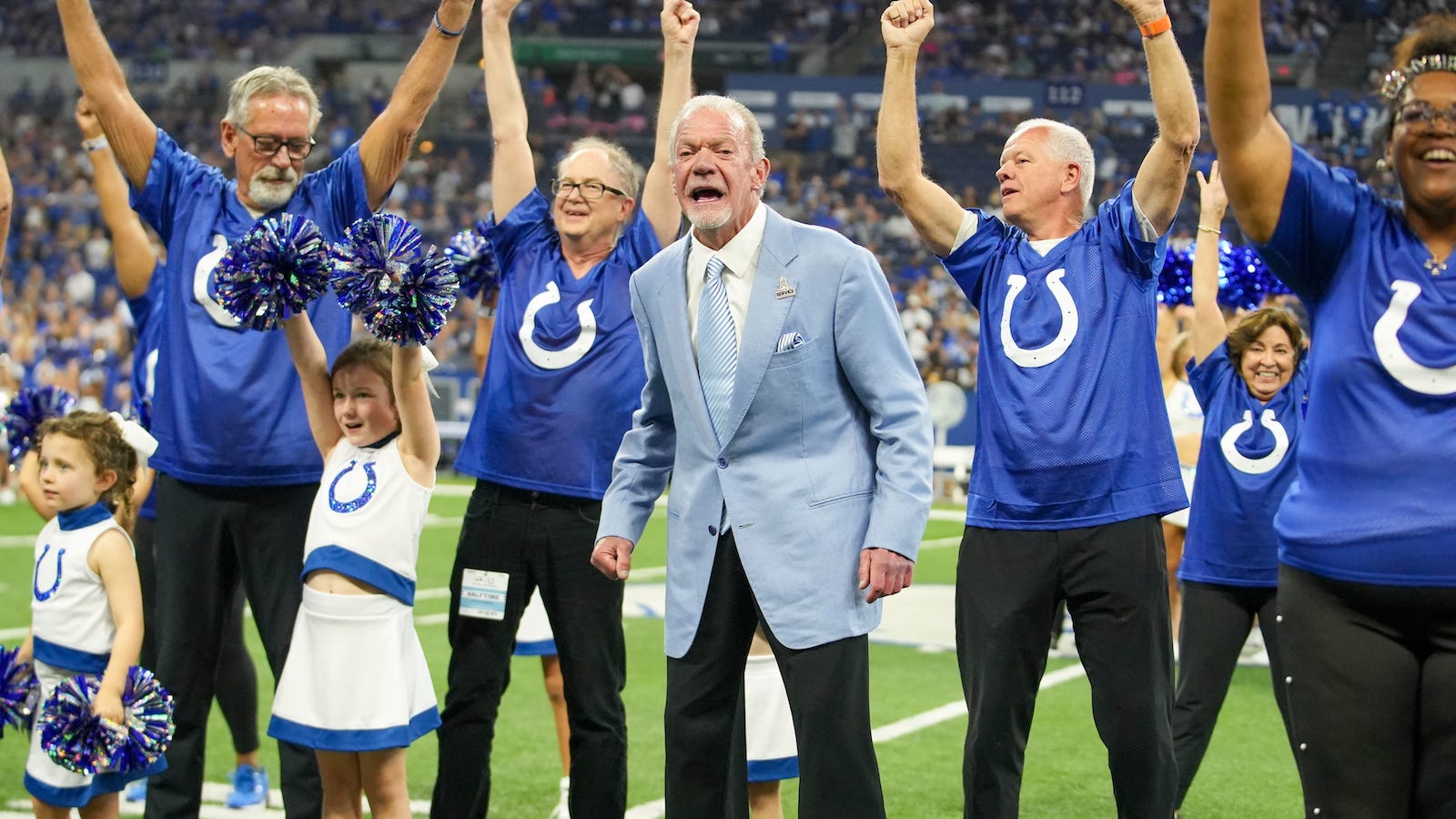 Jim Irsay, Colts owner, participates in a special grandparents event on a halftime performance by Colts Junior Cheer, during a break in action against the Los Angeles Rams at Indianapolis Colts, on Sunday, Oct. 1, 2023, at Lucas Oil Stadium in Indianapolis.