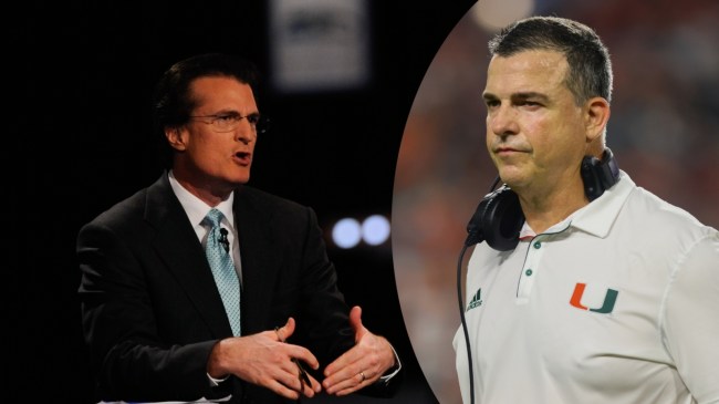 NFL analyst Mel Kiper picture beside Miami football coach Mario Cristobal.