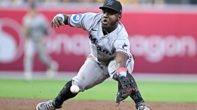 Miami Marlins infielder Ronny Simon tries to field a groundball.