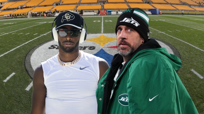 Aaron Rodgers pictured beside Shedeur Sanders