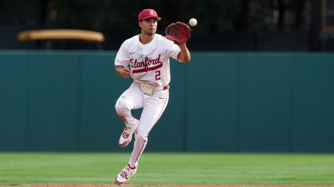 Stanford baseball player Temo Becerra makes a play