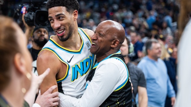 Tyrese Haliburton celebrates with his dad after a win.