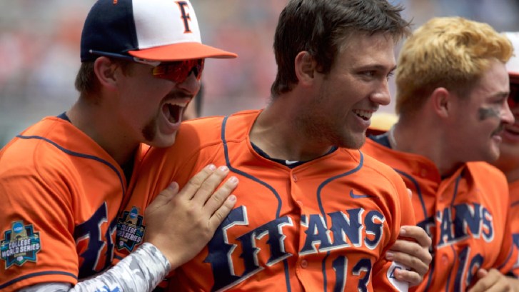 Cal State Fullerton baseball players celebrate