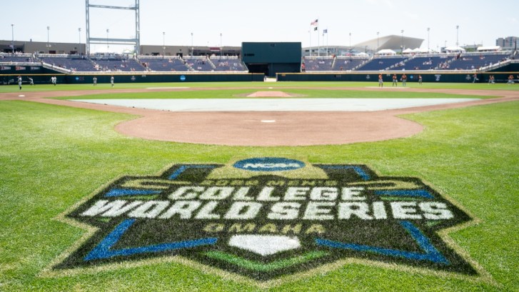 A College World Series logo at Charles Schwab Field