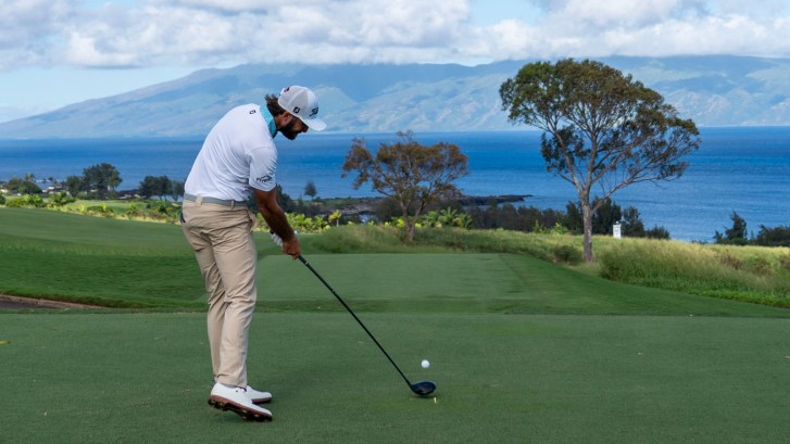 Max Homa hits driver off 7th tee at Kapalua