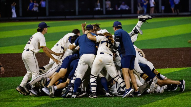 Murray State baseball celebrates a win over Duke.