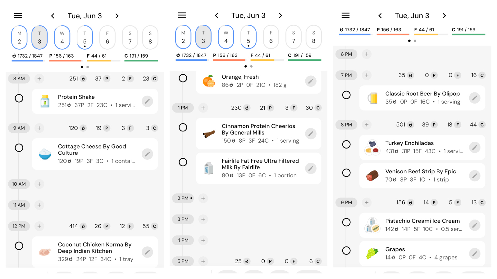 daily sample meals and meal logging on MacroFactor