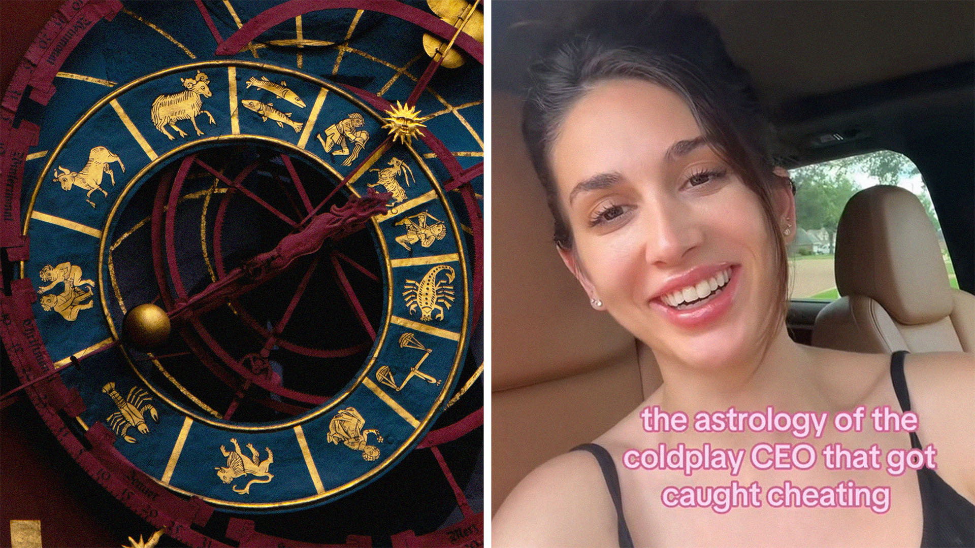 Large display ornament showing astrology signs(l) Woman explains Coldplay cheating couple astrology signs(r)
