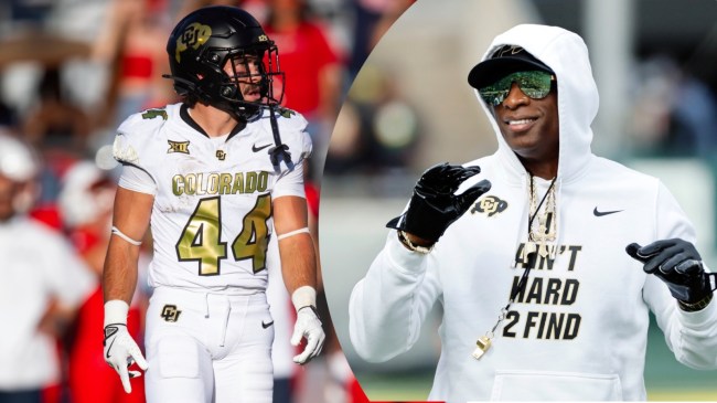 Colorado Buffaloes running back Charlie Offerdahl and football coach Deion Sanders