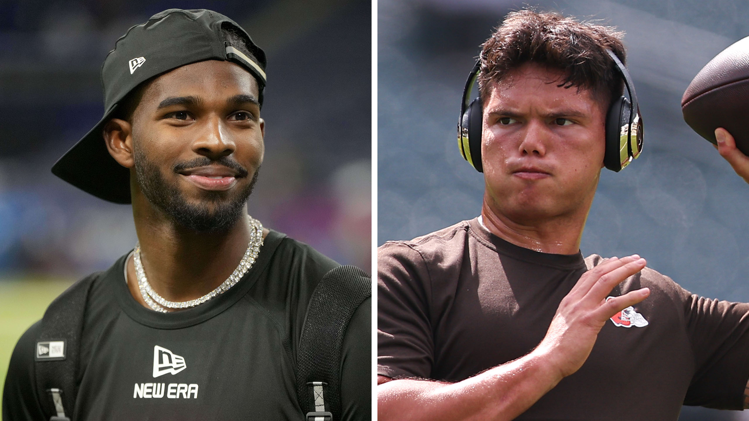 Side-by-side of Shadeur Sanders (Cleveland Browns) and Dillon Gabriel (also the Cleveland Browns)