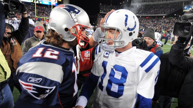 Legendary NFL quarterbacks Tom Brady and Peyton Manning Shake Hands after AFC championship game