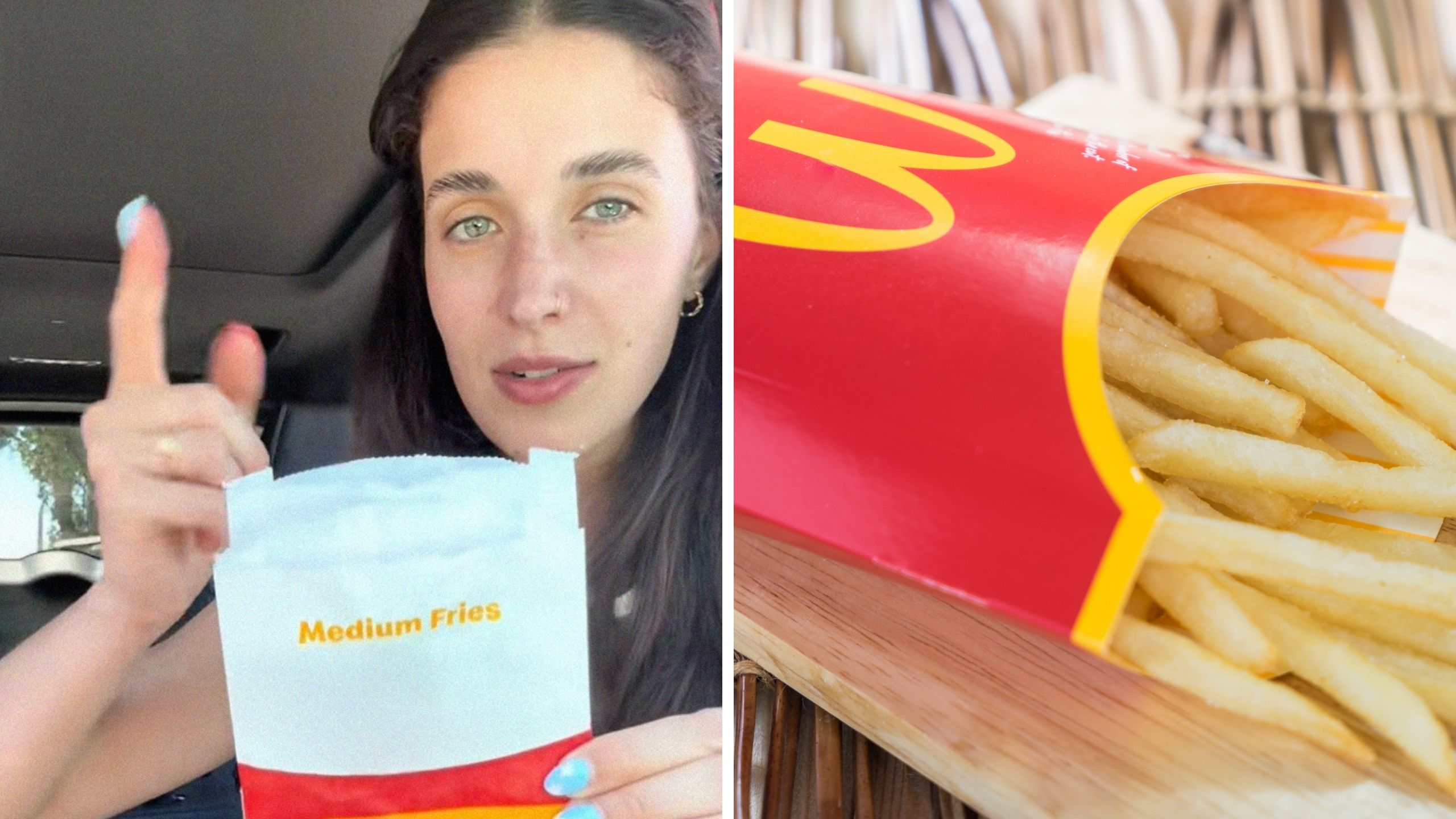 woman holding an empty fry bag (l) Mcdonald's fries (r)