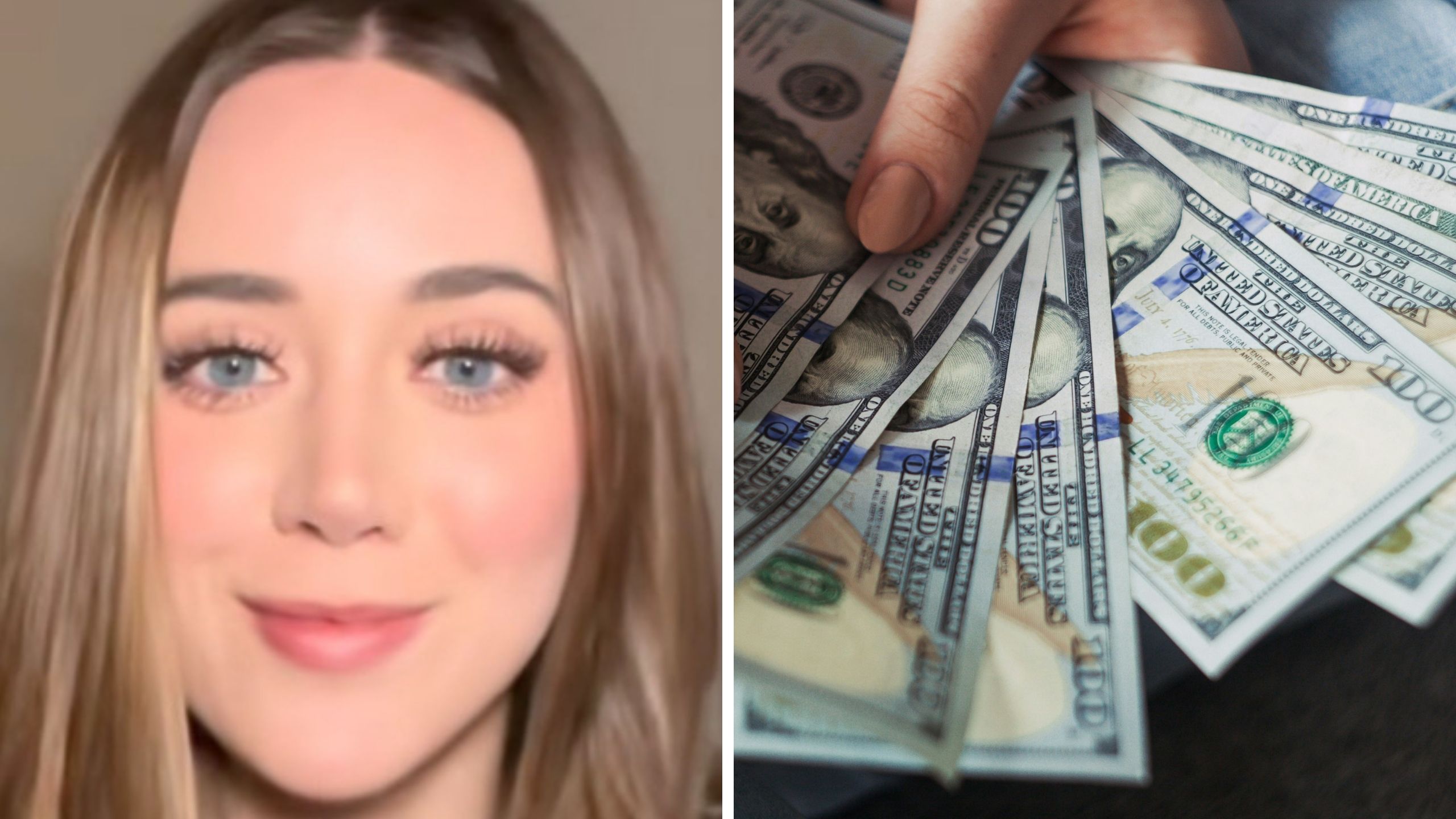 Woman with blue eyes shares about her income (l) hundred dollar bills (r)