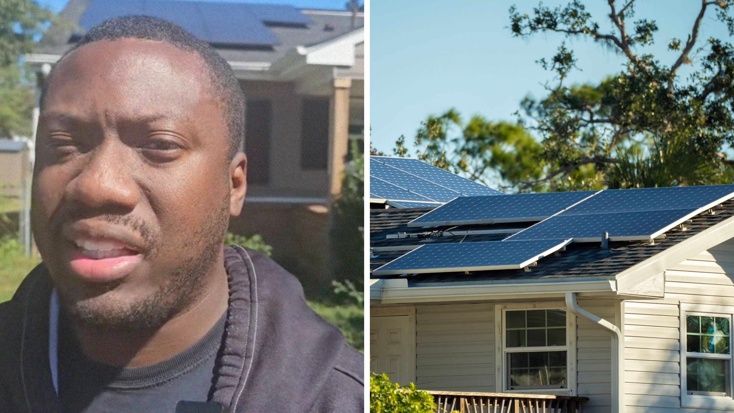 man shares his solar panel experience next to solar panels on roof