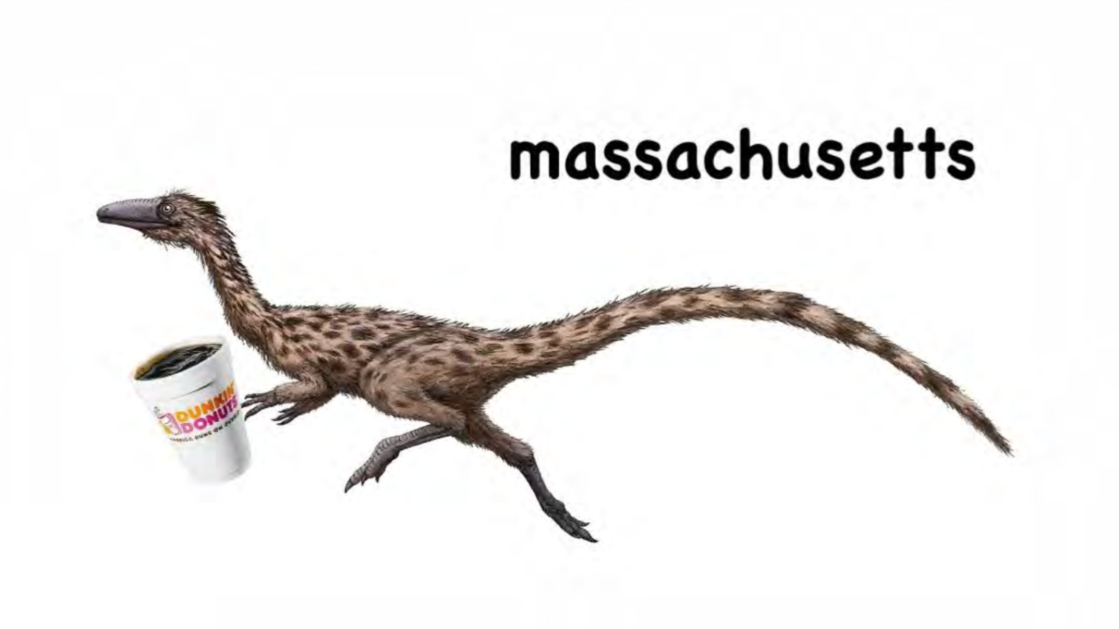 state dinosaur of Massachusetts holding Dunkin Donuts as a flag submission