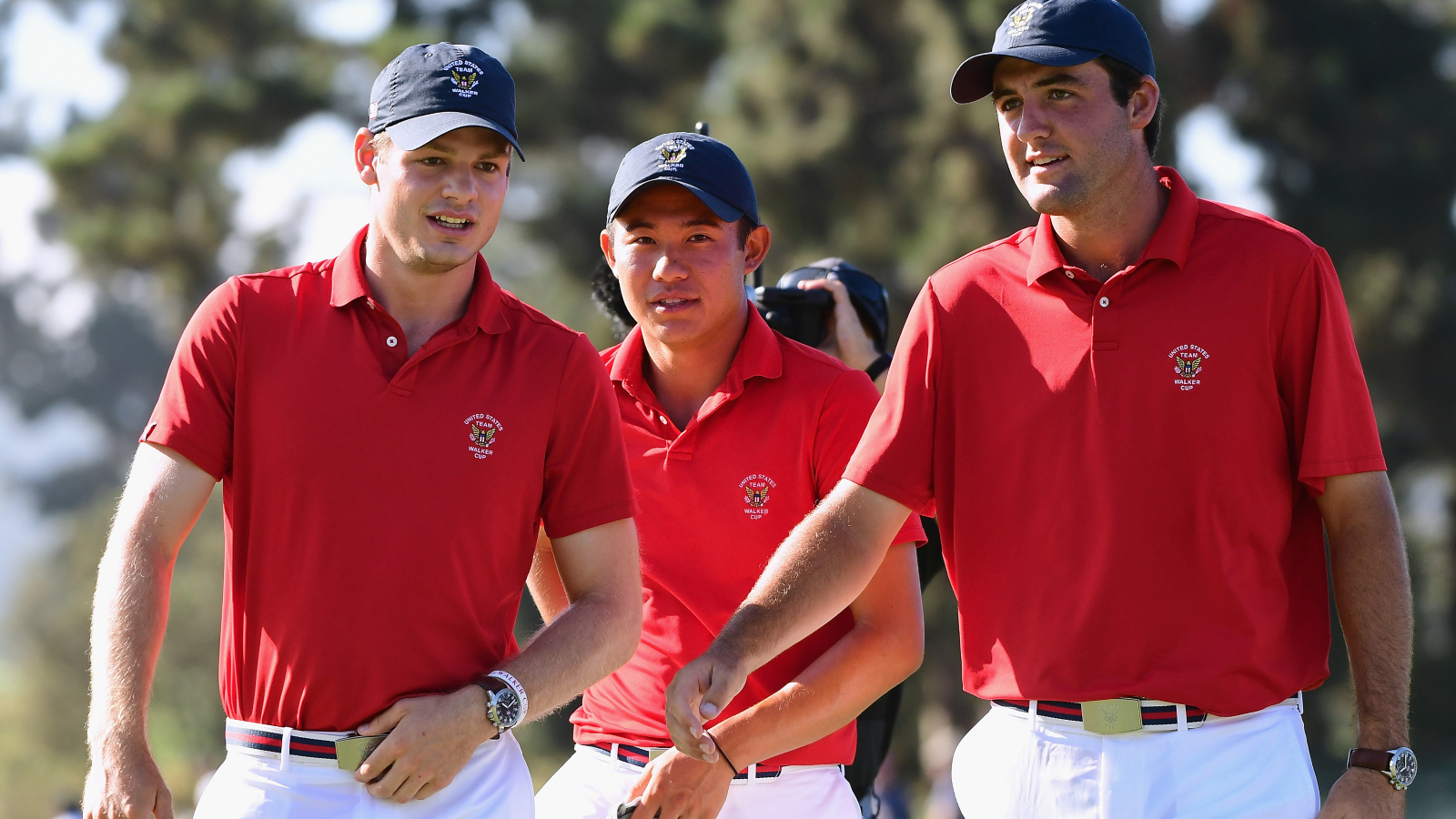 Scottie Scheffler and Collin Morikawa during 2017 singles matches in Walker Cup at LACC