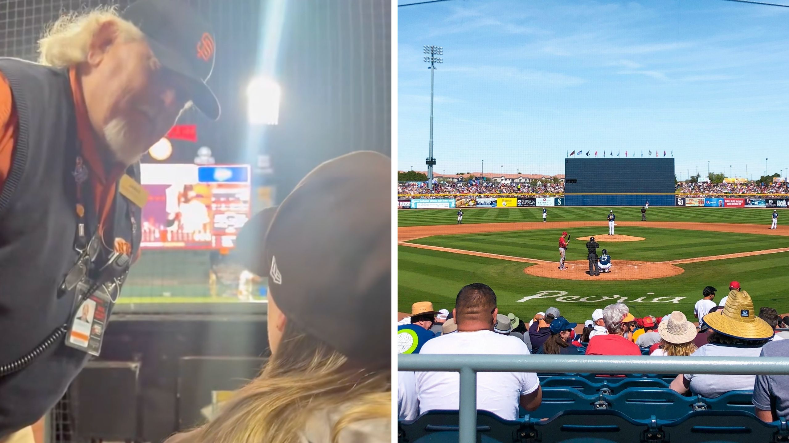 man speaking to woman (l) baseball field (r)