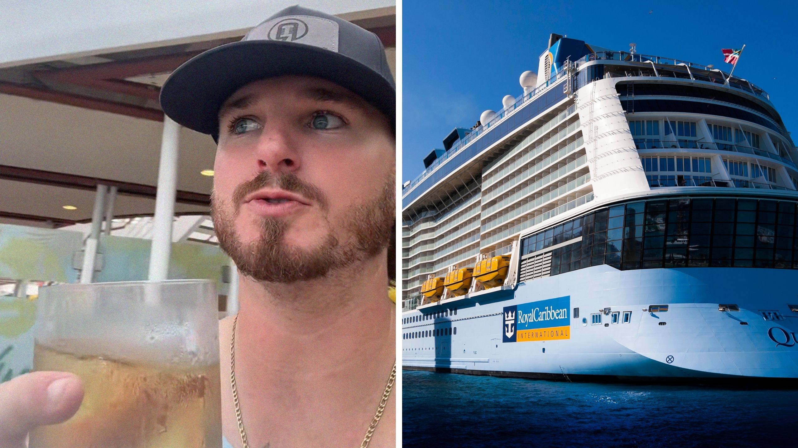 man holding a drink (l) royal caribbean cruise (r)