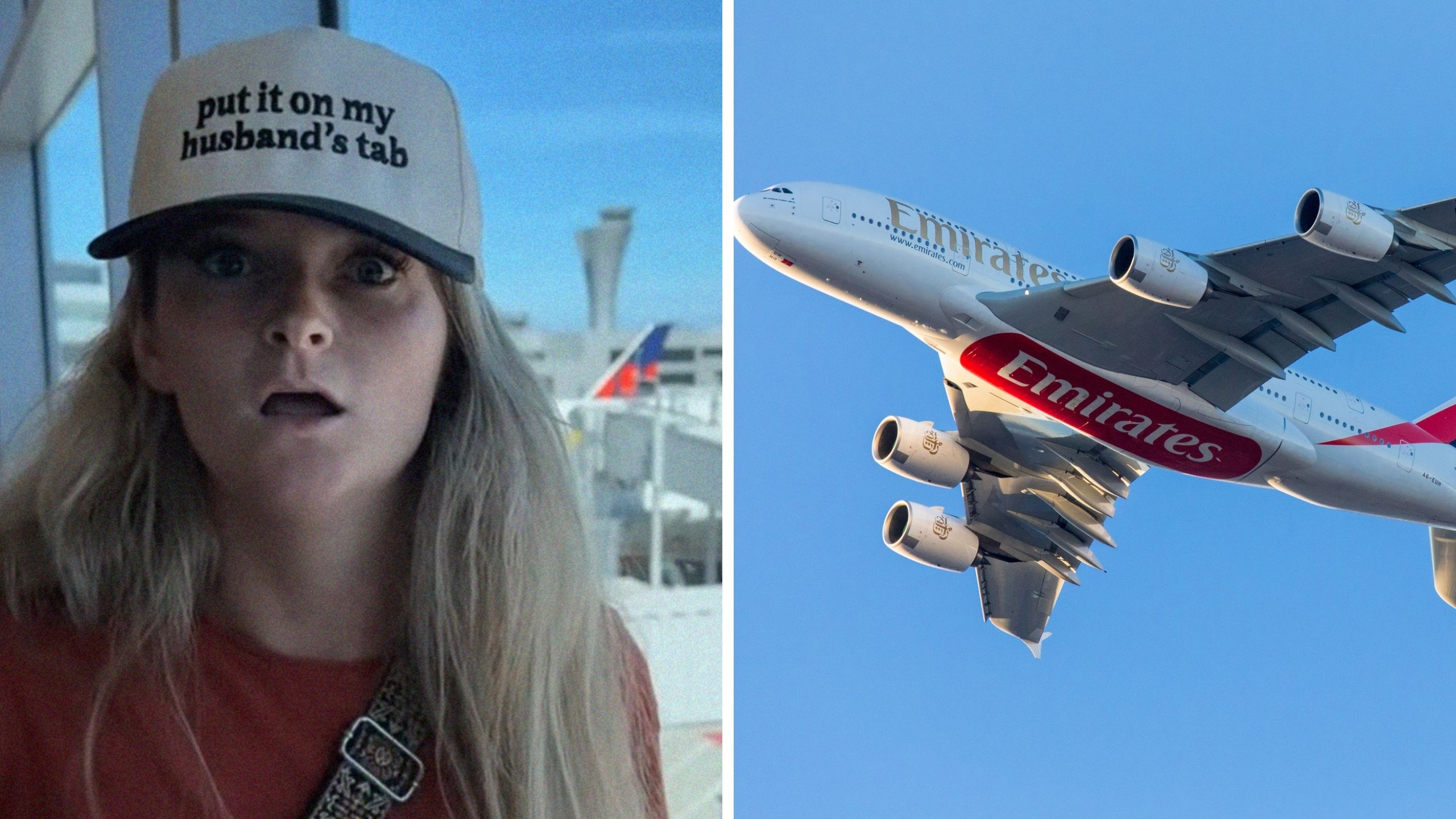 woman with surprised look (l) emirates plane (r)