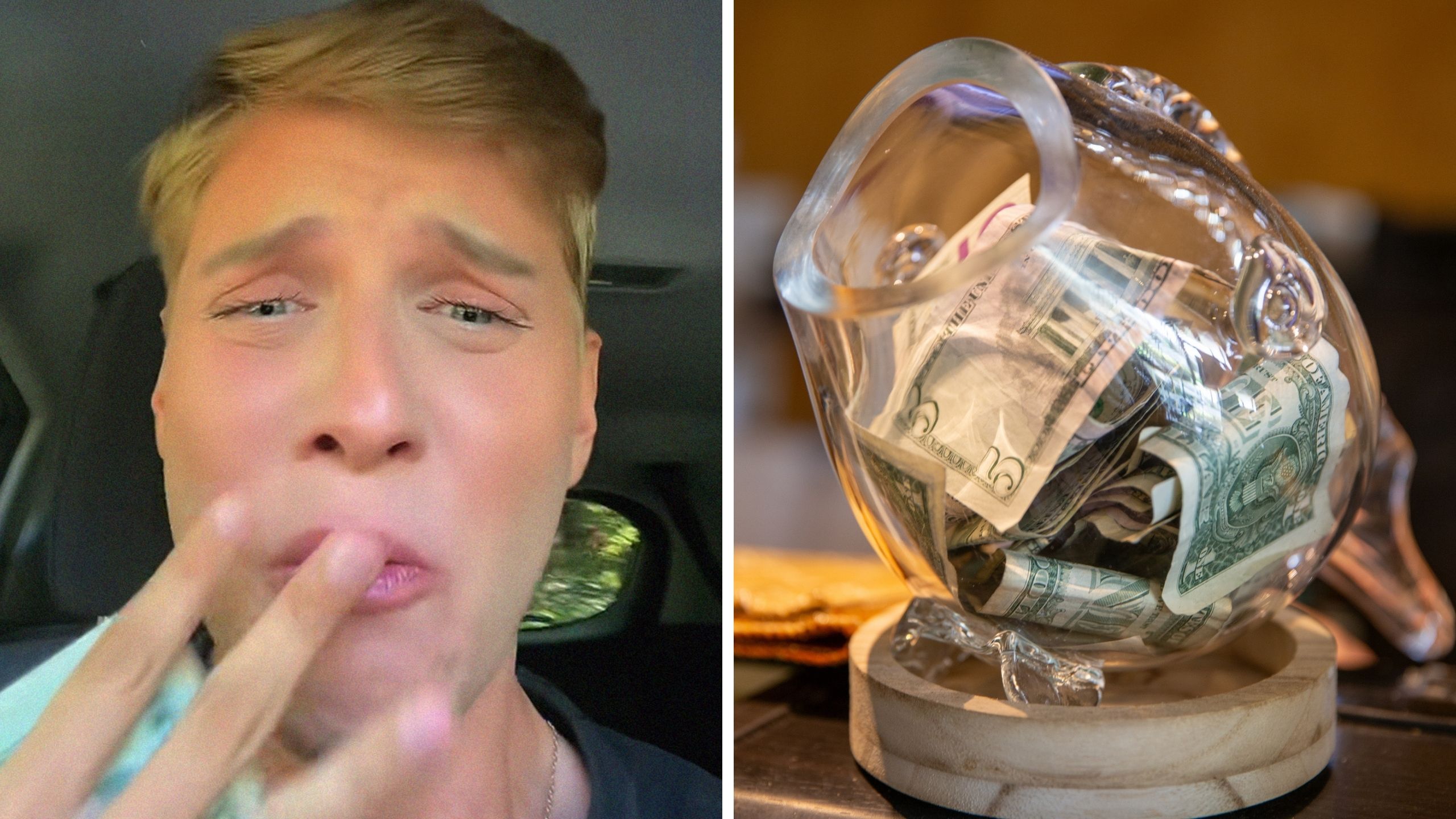 man expressing himself (l) tip jar (r)