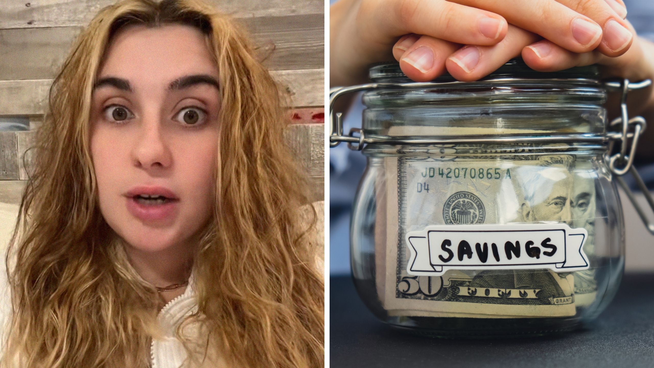 woman expressing herself (l) savings jar (r)