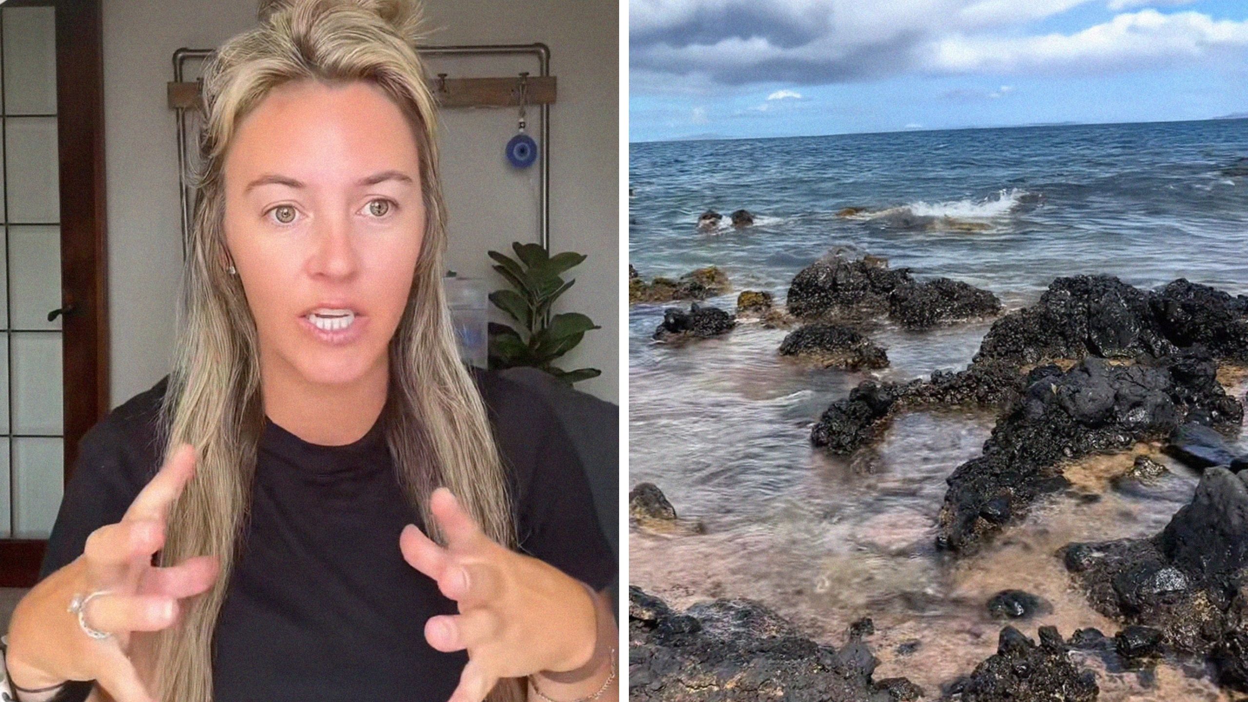 woman shares lava rock experience (l) lava rocks and beach (r)