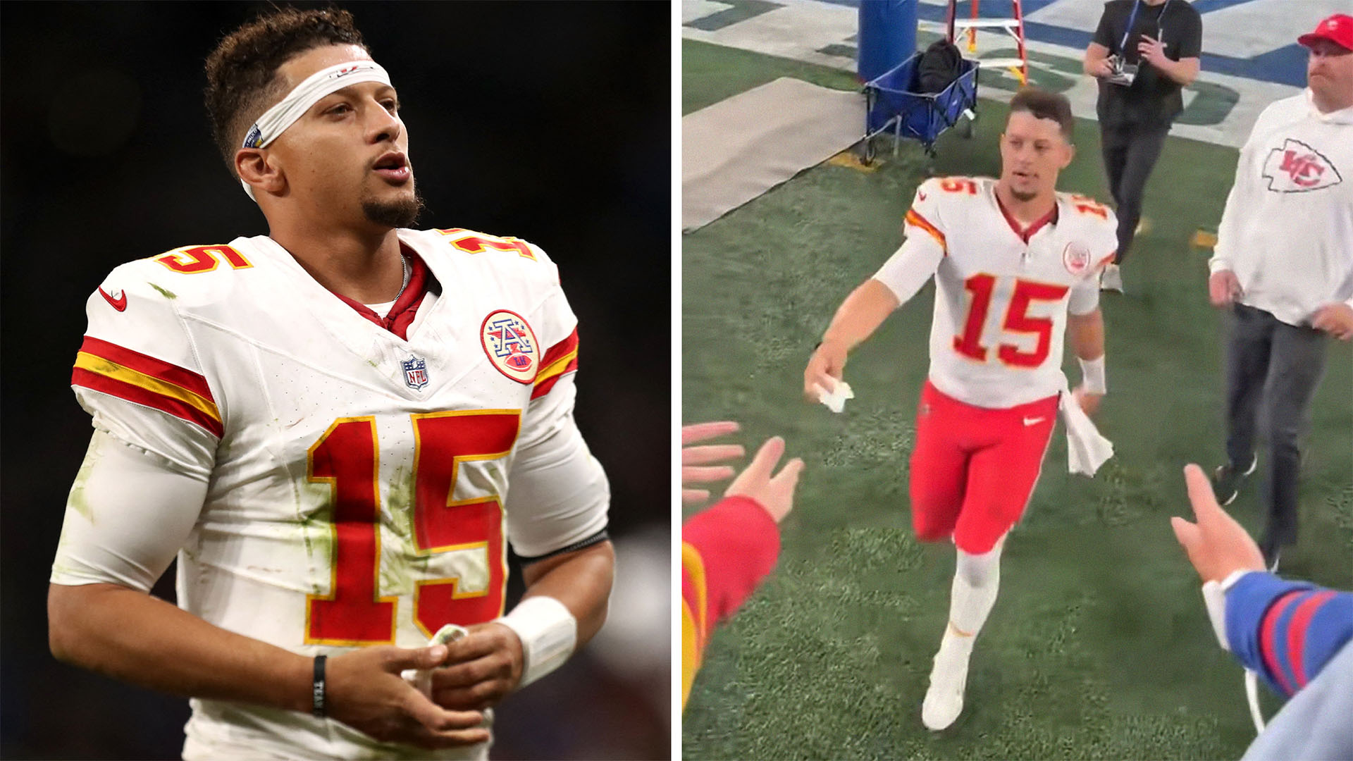 Close up of Patrick Mahomes(l) Patrick Mahomes giving sleeve to fan(r)