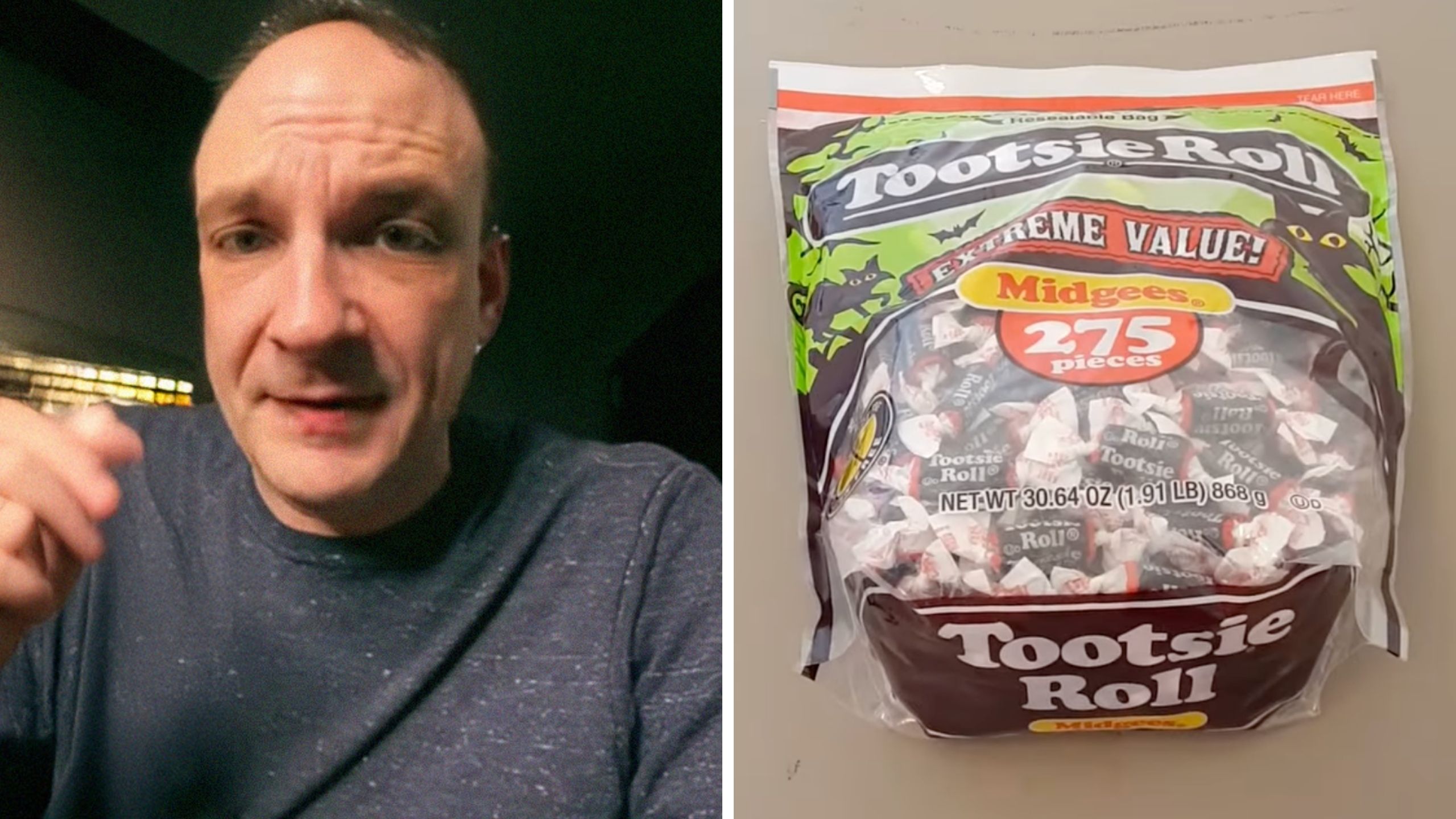 man shares information on candy (l) tootsie rolls (r)