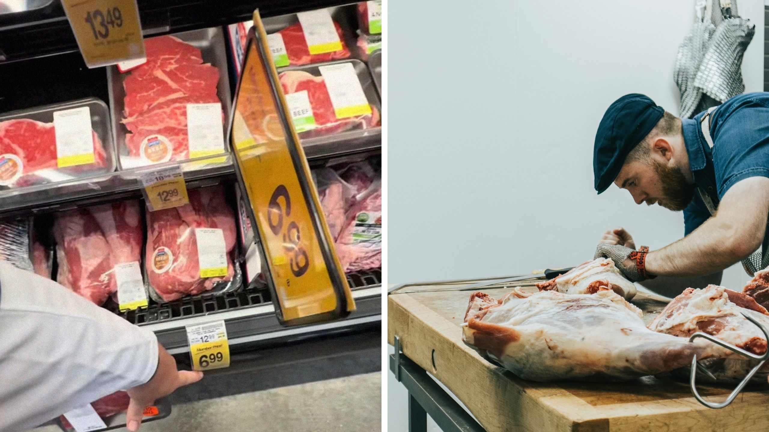 cuts of beef (l) butcher (r)