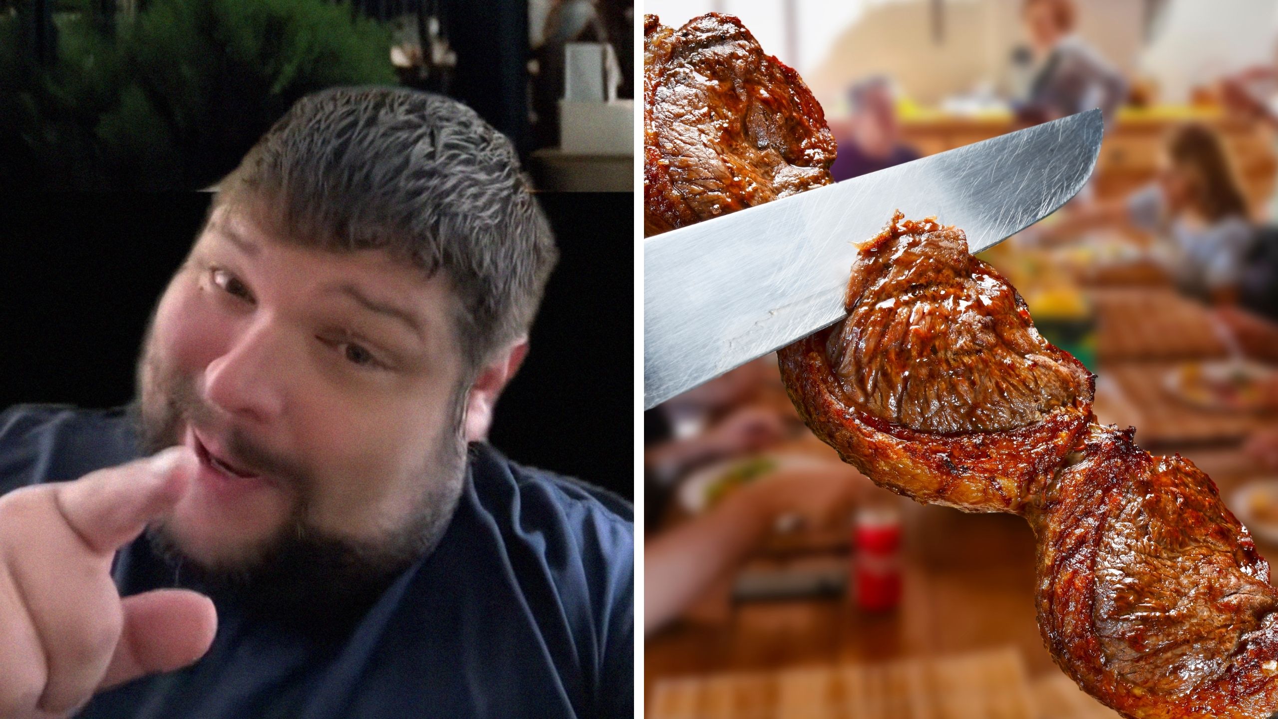 man sharing steak house tips (l) brazilian steak house meat (r)