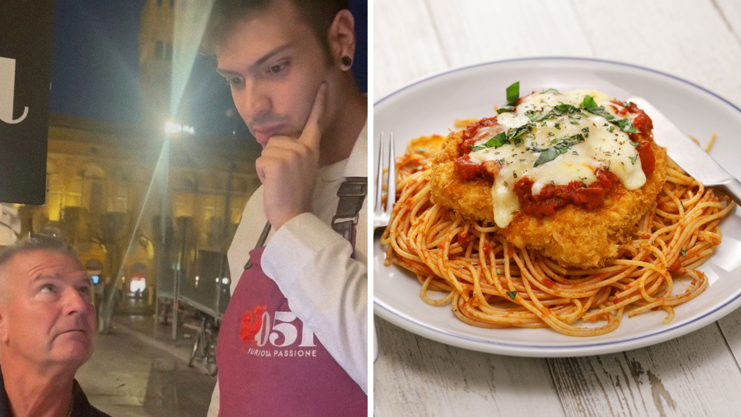 costumer and waiter (l) chicken on pasta (r)
